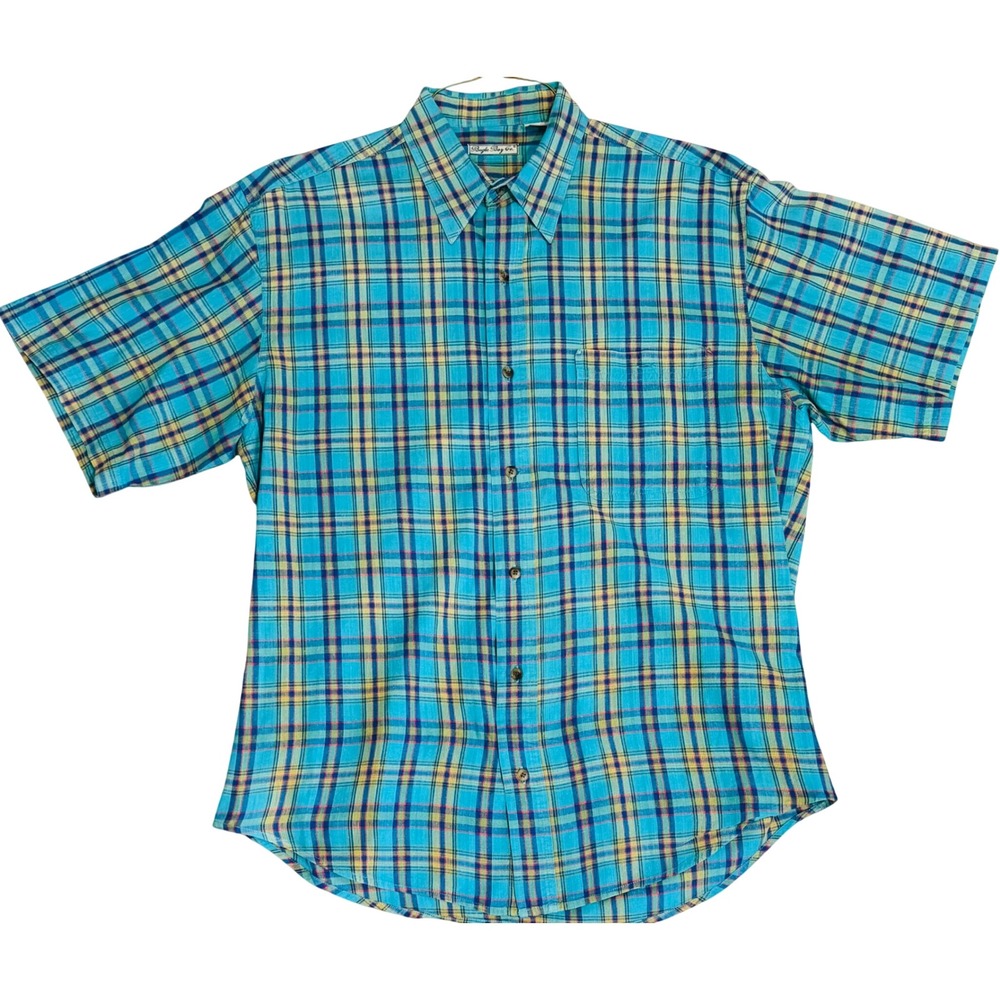 Vintage 90s Bugle Boy Shirt Mens L Teal Turquoise Plaid Short Sleeve Cotton